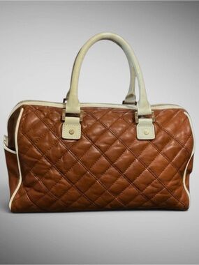 Tory Burch Robinson Middy Quilted Satchel Bowling Bag Brown Cream